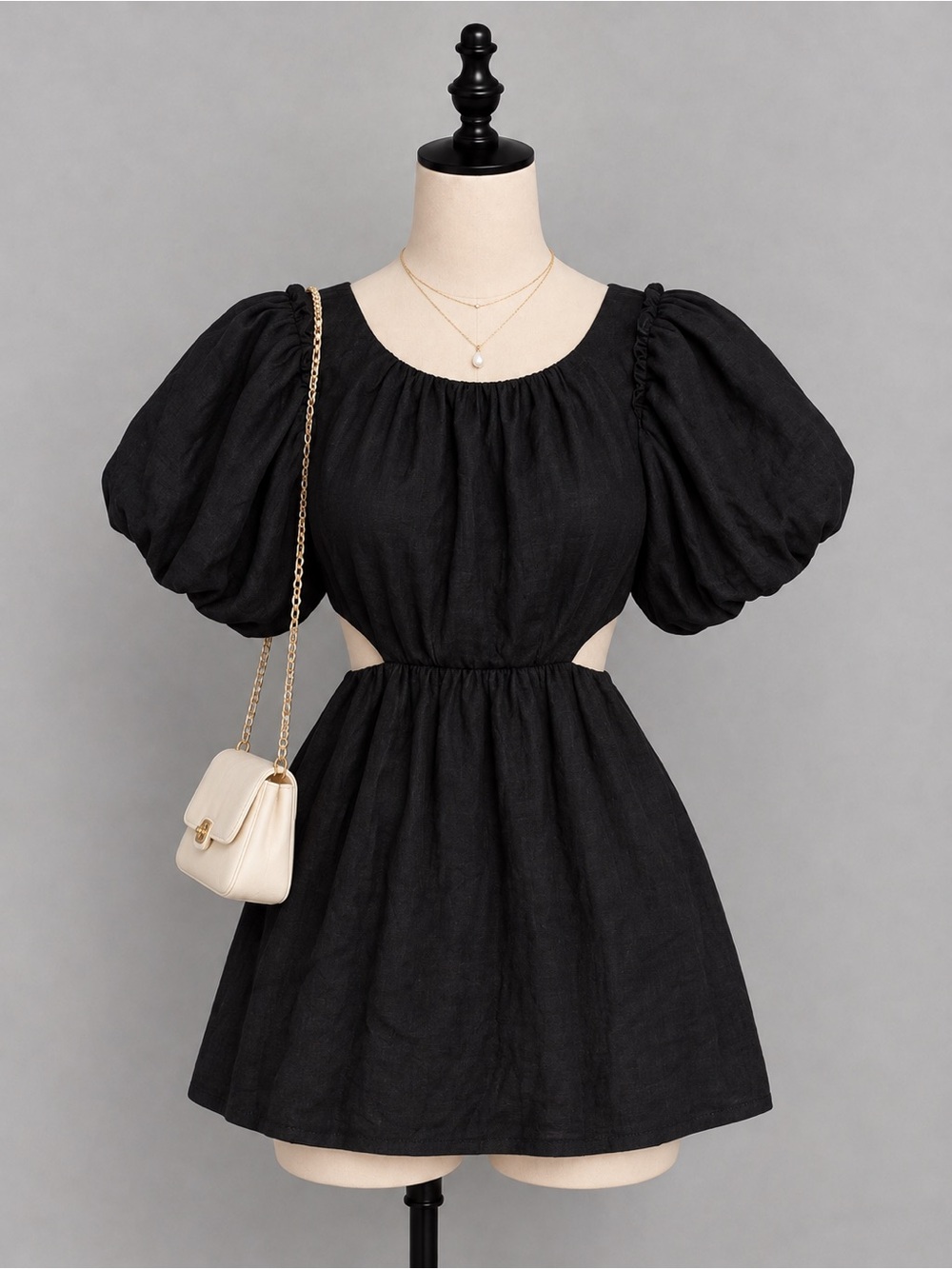 Moon River Black Mini Dress with Puff Sleeves